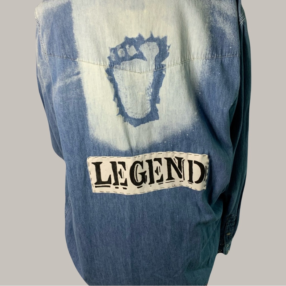 Upcycled Denim bleached Bigfoot or Sasquatch footprint button down shirt.